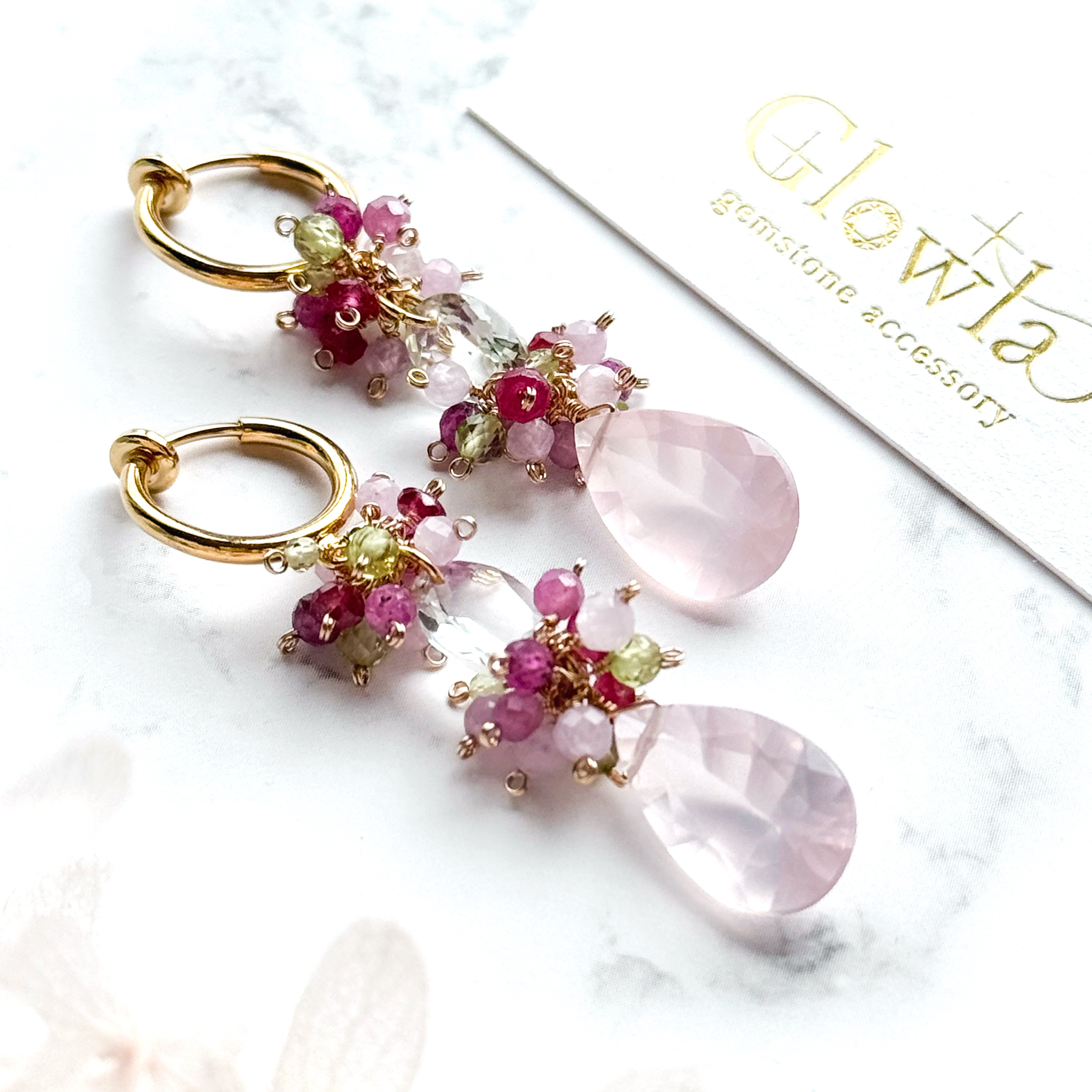 【春色】宝石質ローズクォーツとグリーンアメジストの スプリンググロウピアス(14kgf)/イヤリング(16kgp)