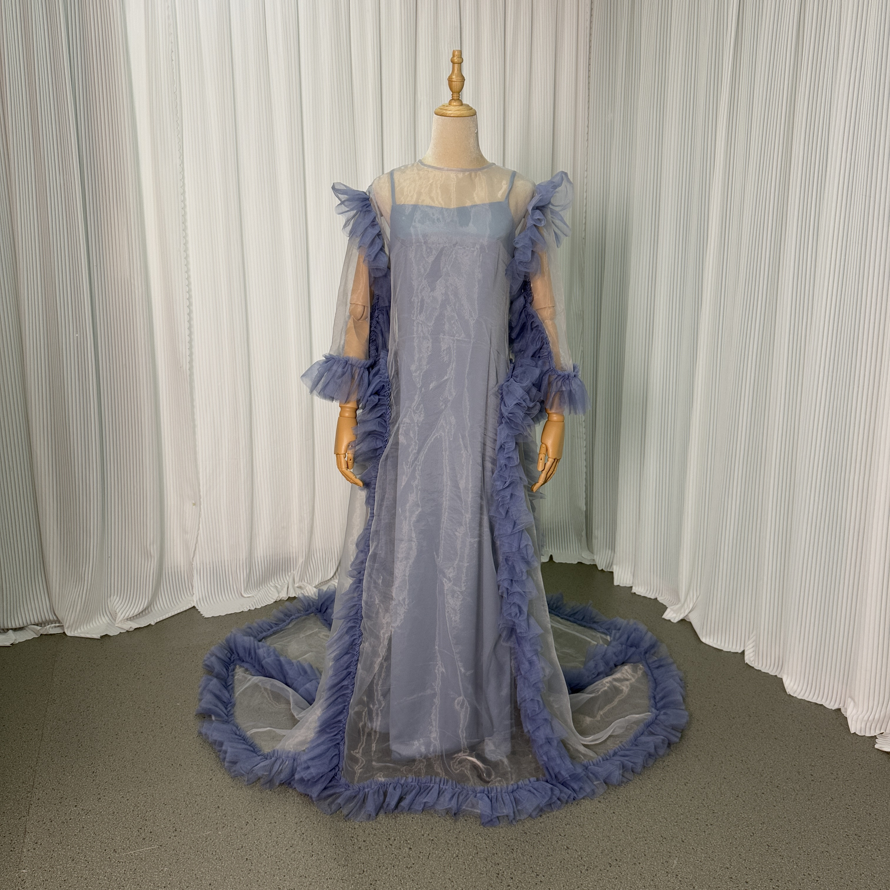 送料無料！パーティードレス ツーピース ロングスリーブ 上質オーガンジー 揺らめく裾 マタニティドレス 大きいサイズ