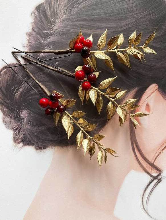 南天ルスカスゴールドリーフ髪飾り 打掛ヘア 白無垢髪飾り 成人式 謝恩