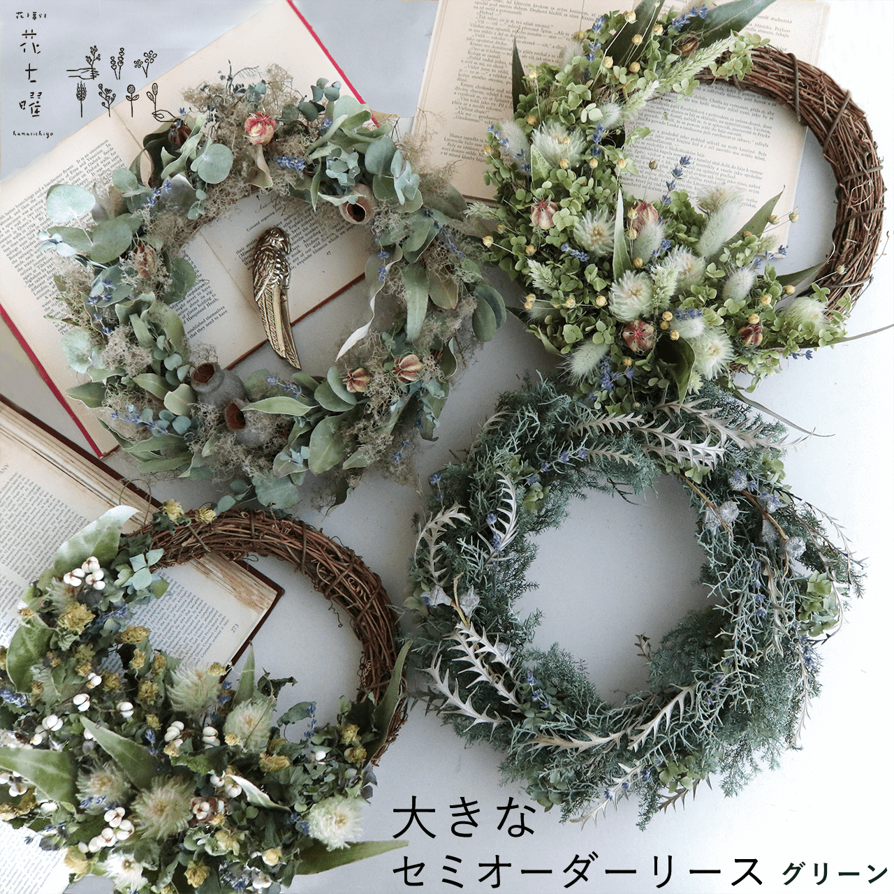 【約直径30cm】花七曜の大きなセミオーダーリース ＊ グリーン ◆ ドライフラワー ◆ フルムーン ・ ハーフムーン