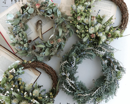 約直径30cm】花七曜の大きなセミオーダーリース ＊ グリーン ◇ ドライ