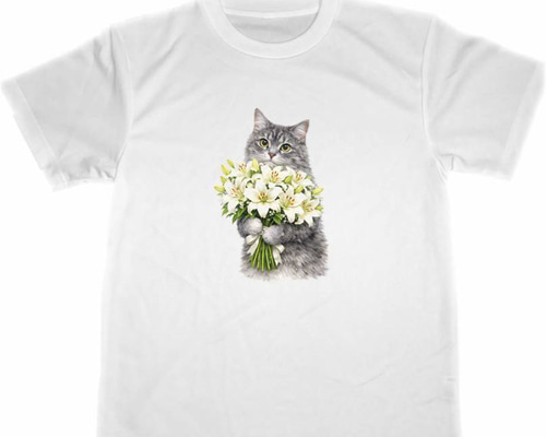 ドライ Tシャツ 猫 花束 百合の花 灰猫 グレー Tシャツ 5つ星 ドライ