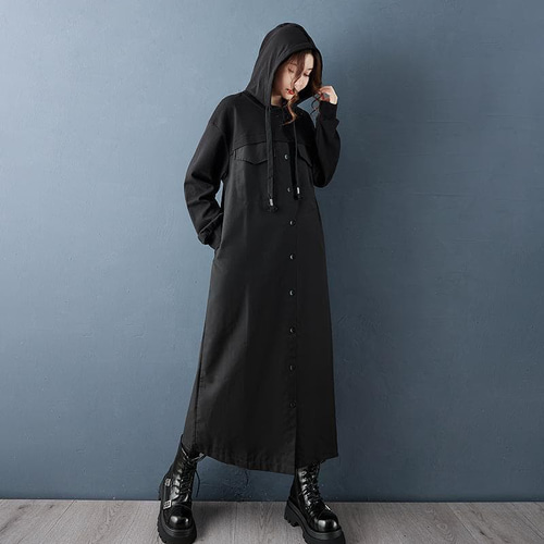大きいサイズ 新品 秋冬フード付 ロング パーカー ワンピース 黒