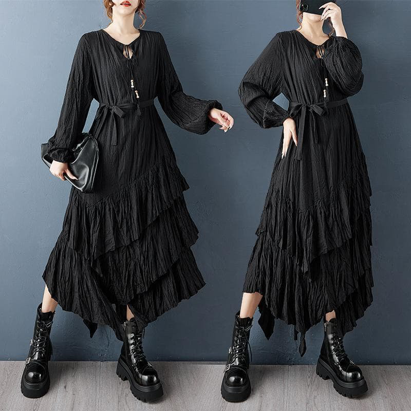 大きいサイズ 新品 秋冬 フリル プリーツ ワンピース 黒 ゆったり アシメｑ