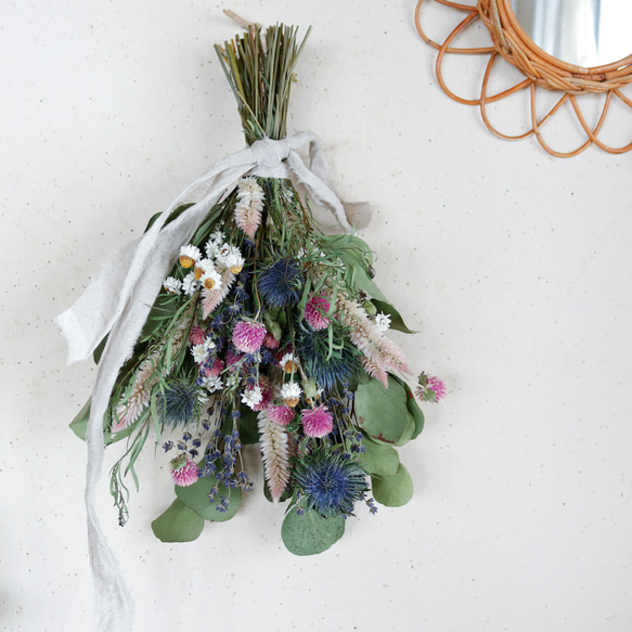 ドライフラワースワッグ ピンク × ブルー ◇ 春色かわいい ブーケ 北欧