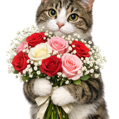 かすみ草の花束　リボン　猫　5個セット ドライ Tシャツ 猫 花束 薔薇 カスミ草 ネコ グッズ バラ Tシャツ 5つ