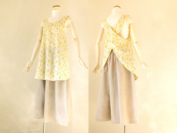 シンプル優等生のバッククロスエプロン・水彩ミモザ