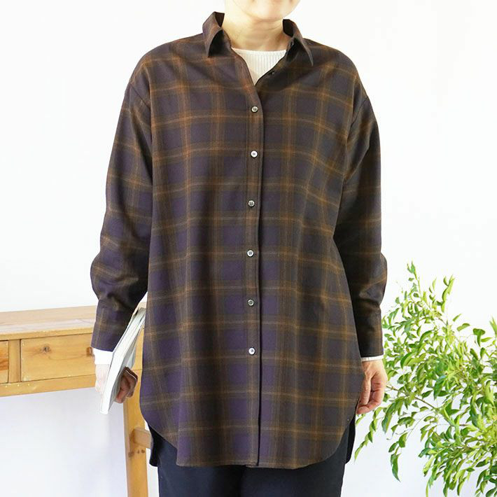 大人チェック　綿ウール　ロングシャツ