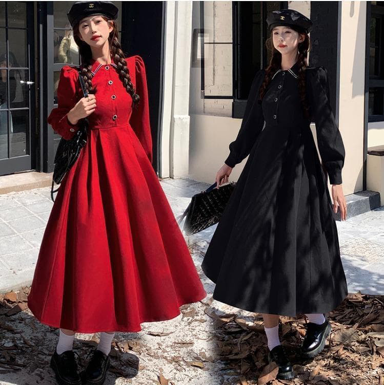 新品 大きいサイズ4L 赤 ロングワンピース 秋冬 パフスリーブ Aライン長袖e