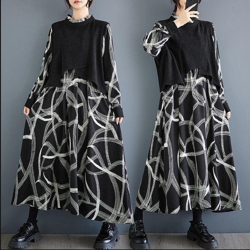 新品 大きいサイズ ゆったり ロングワンピース 秋冬 黒 プリント おしゃれf