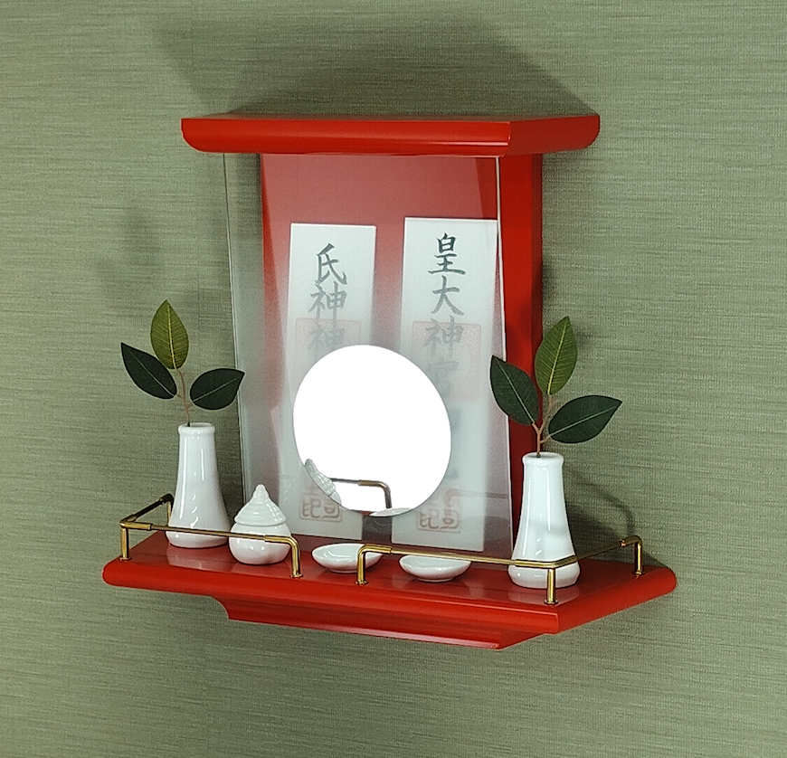 【 未来神棚　 心の鏡 】　推し活　　レッド　二社宮神棚　モダン神棚 　壁掛け型　神鏡は1枚ずつ職人の手作り