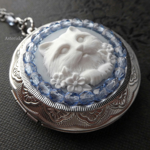 おすまし猫さん カメオ ネコと花 ステンレス ロケット ネックレス ( Lt