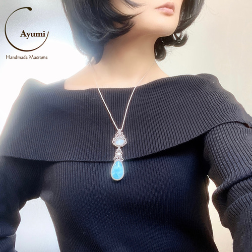 セレナイトと極上ラリマーの天然石マクラメ編みネックレス