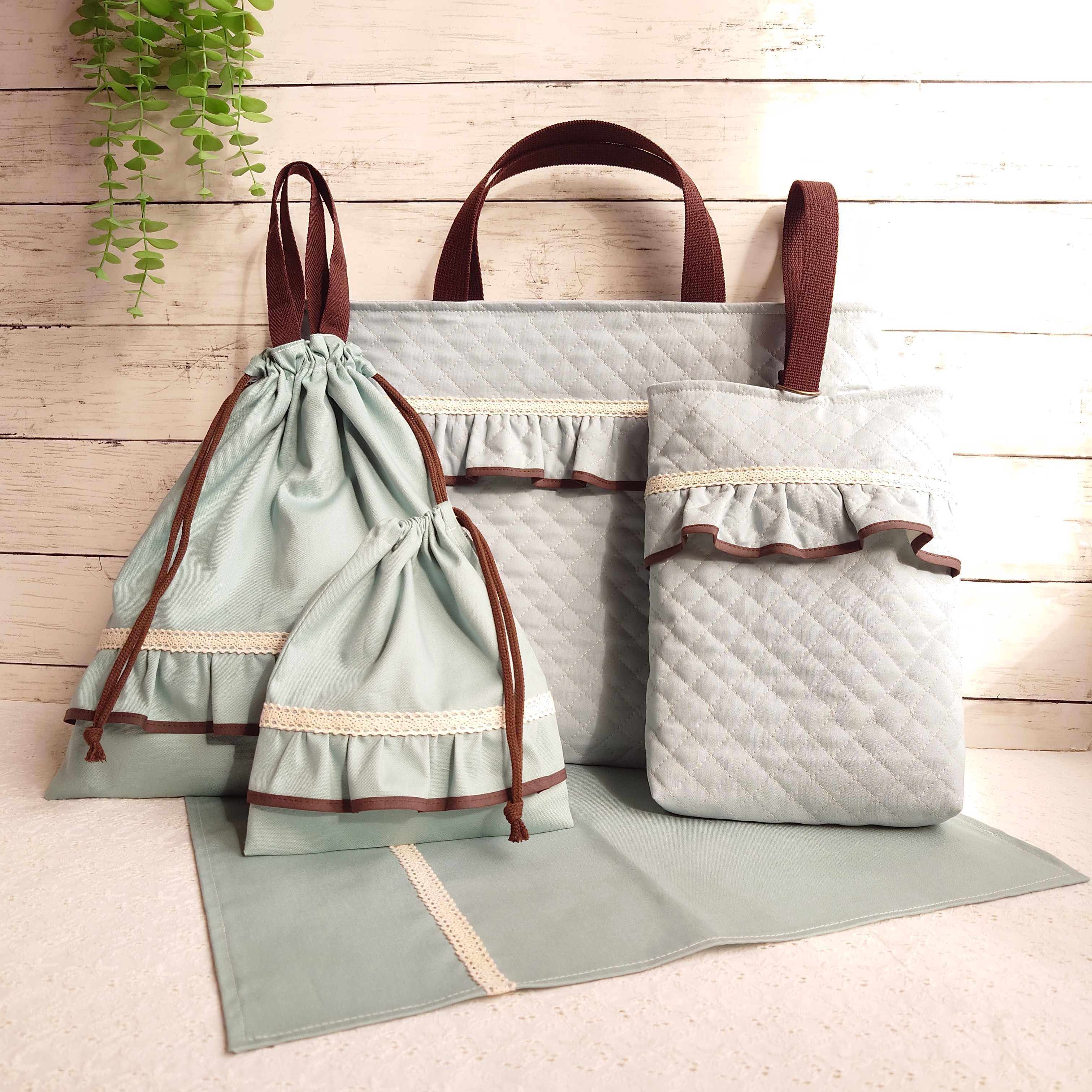 3色あります　くすみカラー✽フリルがかわいいレッスンバッグ5点セット/手提げバッグ/お稽古バッグ/キルティング/入園入学