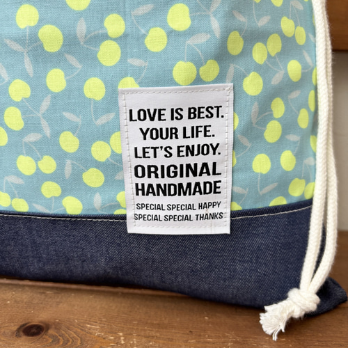 蛍光チェリー水色デニム 体操服入れ 体操服袋・お着替え袋 chiku.chiku