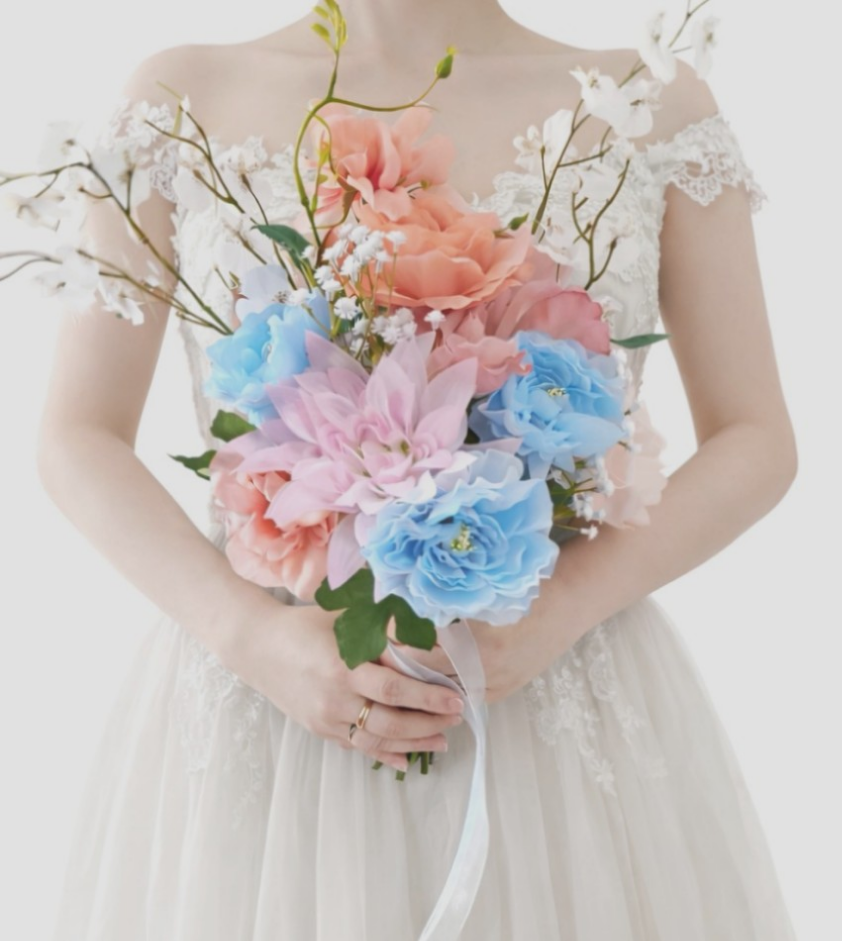 New淡色ブーケ 春婚  前撮 ウェディングブーケ ブートニア付