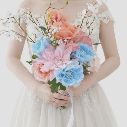 New淡色ブーケ 春婚 前撮 ウェディングブーケ ブートニア付 ブーケ