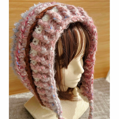 ピンクボンネット バラクラバ フード帽 ハンドメイド ニット帽