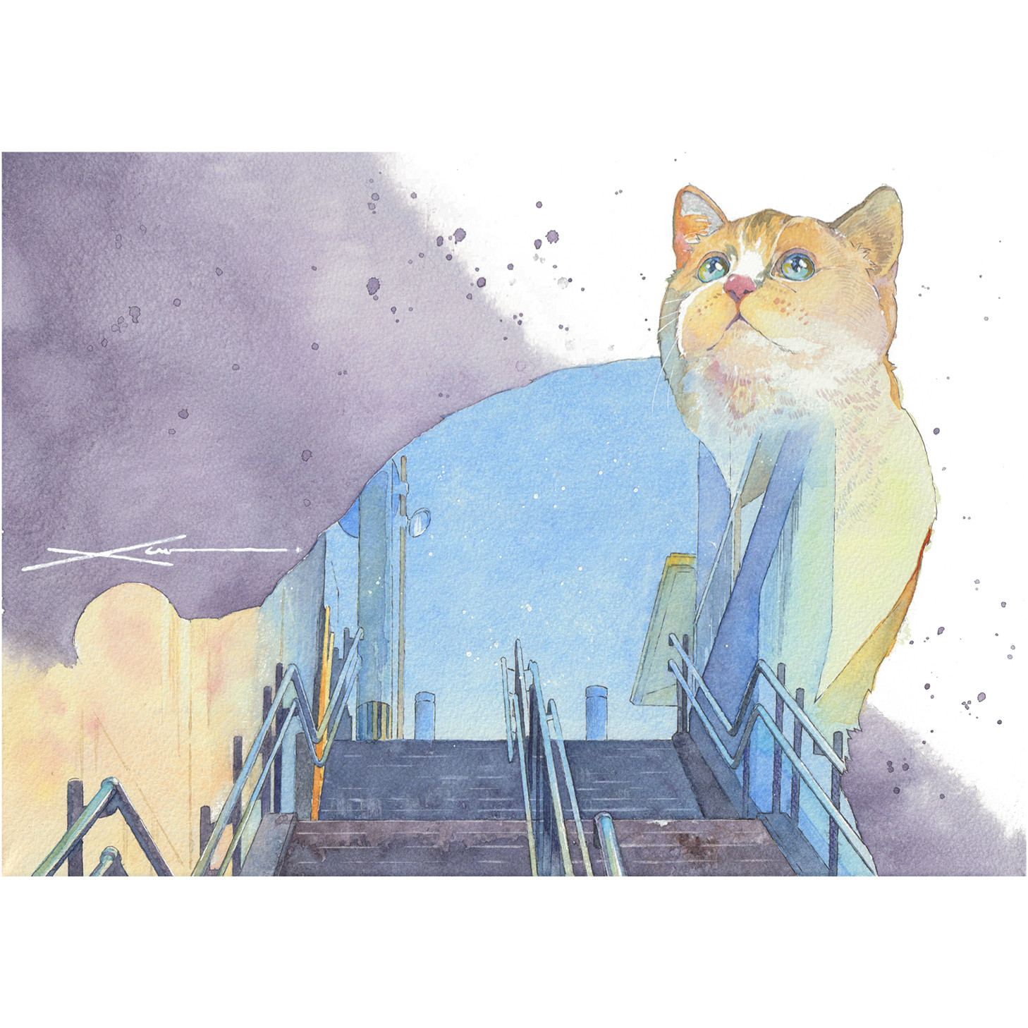 夜の階段で_水彩原画_イラスト