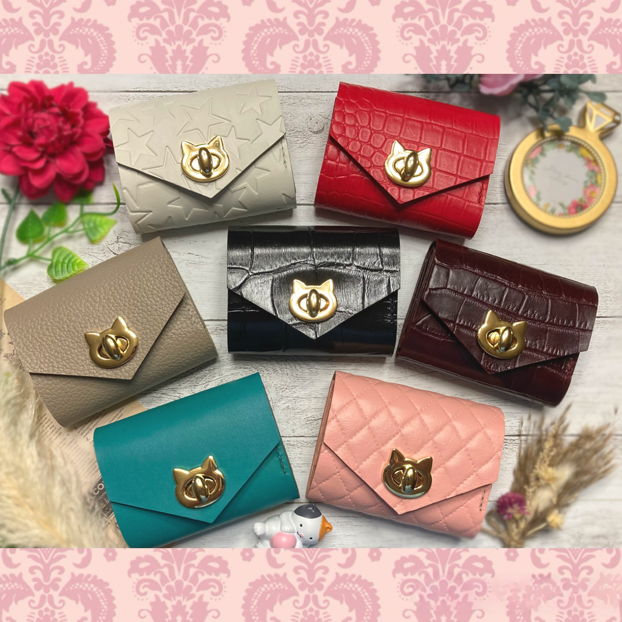 ❤【新色♪】【可愛さ×高級感♪】お洒落可愛い猫モチーフの総本革コンパクトミニ財布♪黄色 イエロー 運気 手の平に収まる♪