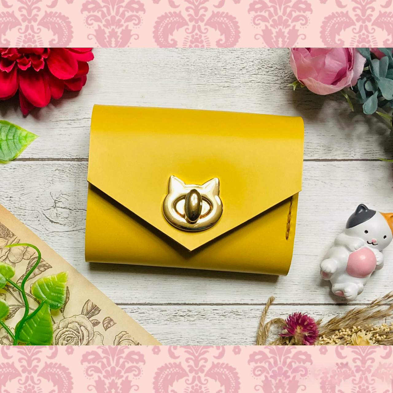 ❤【新色♪】【可愛さ×高級感♪】お洒落可愛い猫モチーフの総本革コンパクトミニ財布♪黄色 イエロー 運気 手の平に収まる♪