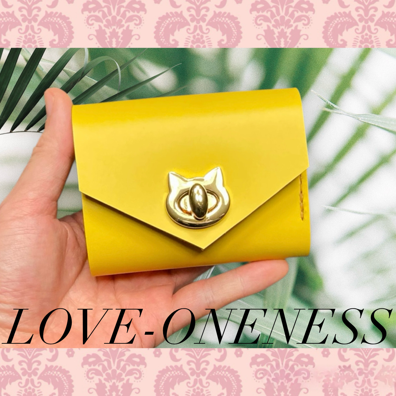 ❤【新色♪】【可愛さ×高級感♪】お洒落可愛い猫モチーフの総本革コンパクトミニ財布♪黄色 イエロー 運気 手の平に収まる♪