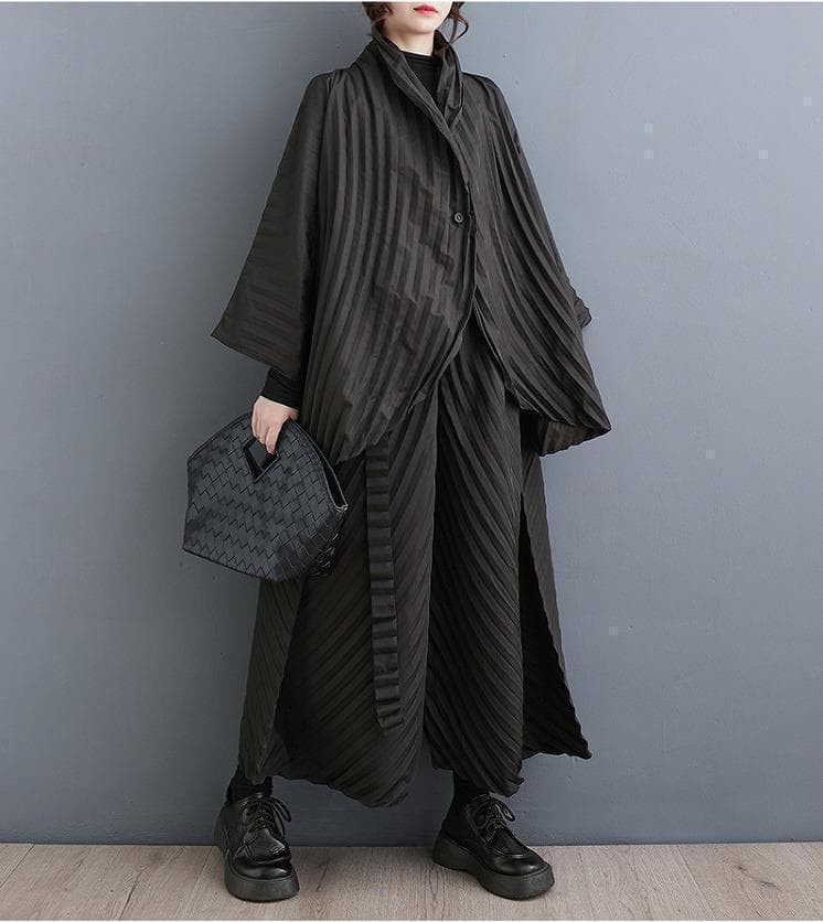 プリーツ新品大きいサイズ長袖ゆったりセットアップブラックパンツ秋冬f