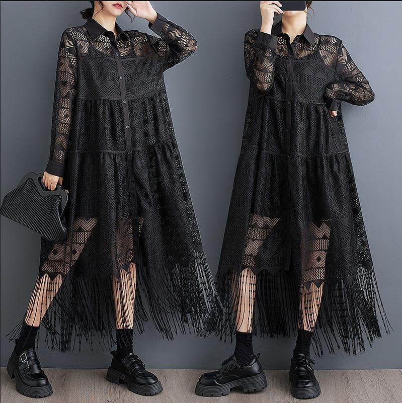 新品 大きいサイズ 贅沢レース シースルー フリンジ ワンピース春秋長袖