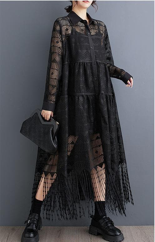 新品 大きいサイズ 贅沢レース シースルー フリンジ ワンピース春秋長袖