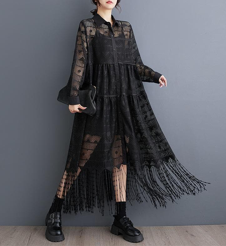 新品 大きいサイズ 贅沢レース シースルー フリンジ ワンピース春秋長袖