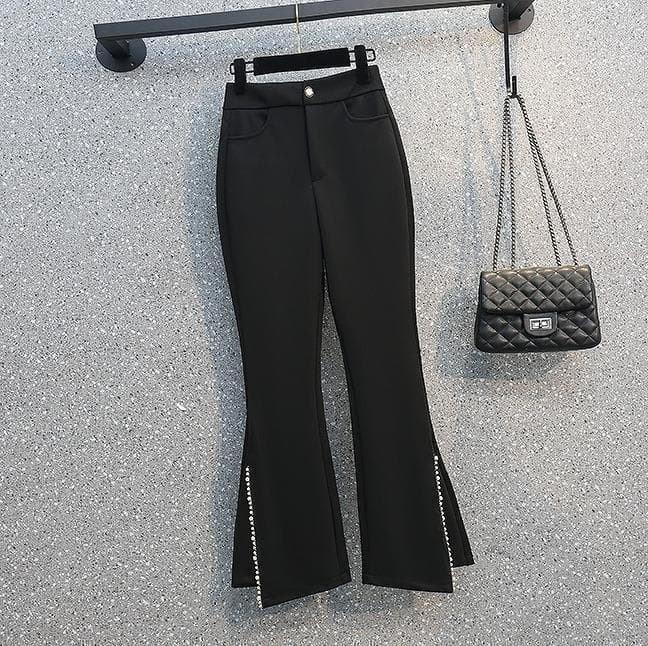 新品 大きいサイズ 4Lスリット入り黒パンツ 韓国 ファッション フレアパンツ