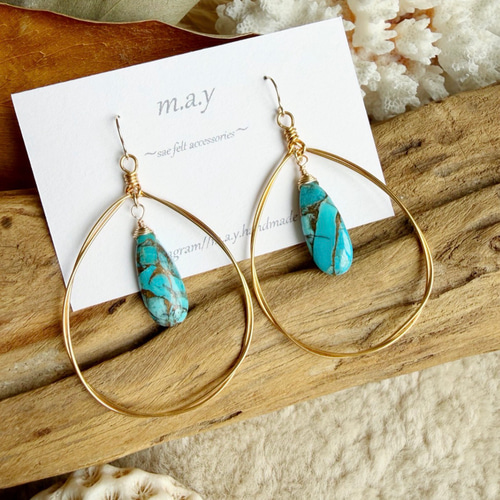 SALE‼️14kgf*ブルーコッパーターコイズ揺れるフープピアス ピアス