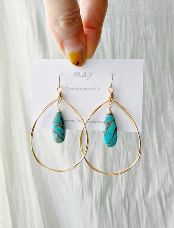 SALE‼️14kgf*ブルーコッパーターコイズ揺れるフープピアス ピアス