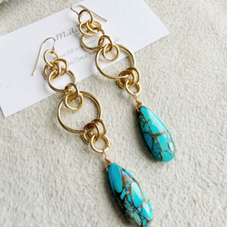 SALE‼️14kgf*デザインフープとブルーコッパーターコイズ揺れるピアス
