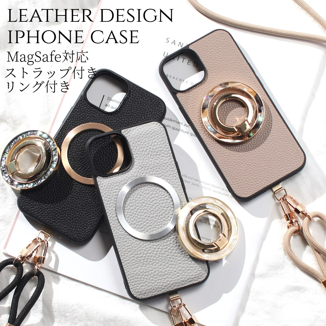 iPhone ケース レザー リング付き 17 16 15 14 13 12 SE ストラップ magsafe べっ甲