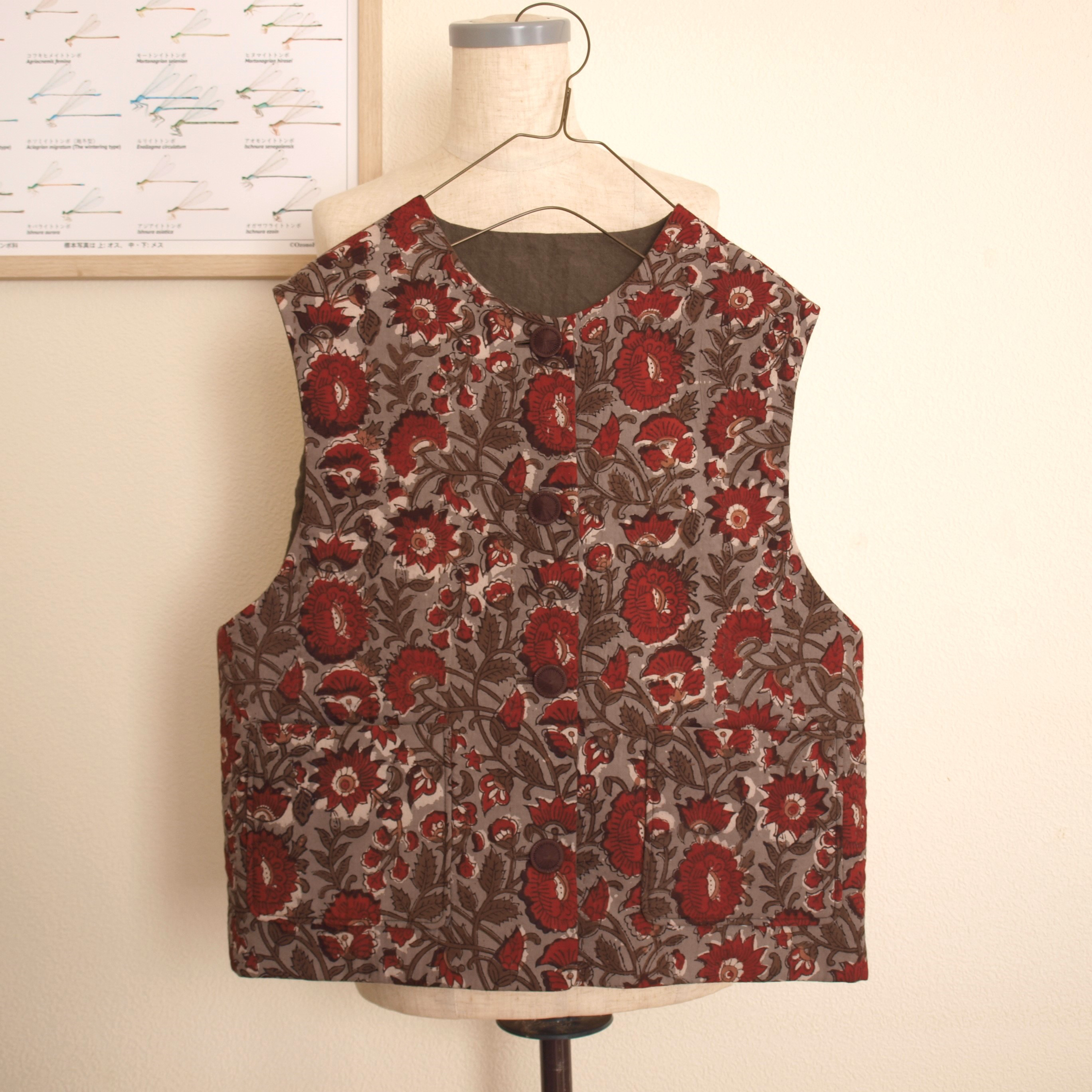 ブロックプリント×リネン　リバーシブル　キルトベスト　*ブラウン*　フリーサイズ