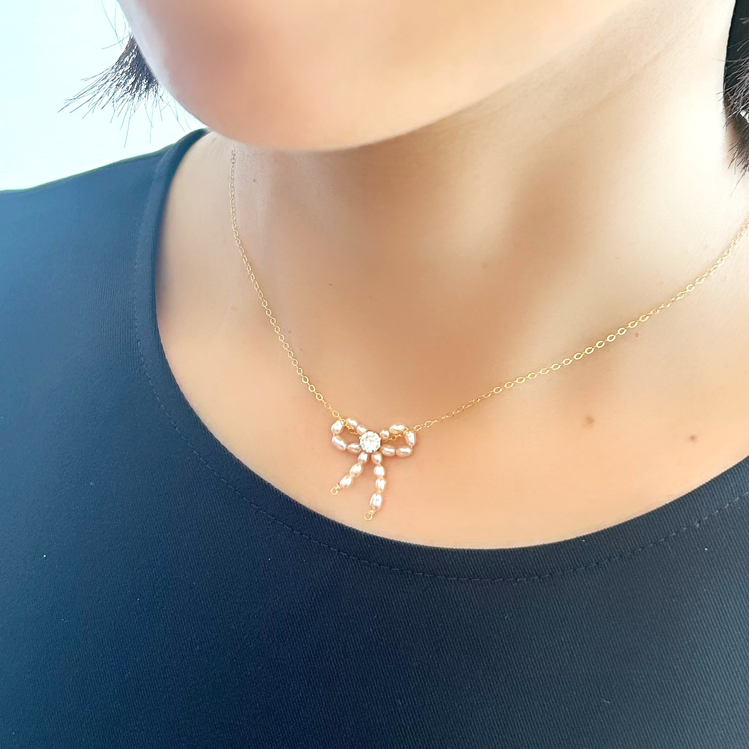 【数量限定・受注製作】k14gf　リボンパールネックレス　ホワイトデー