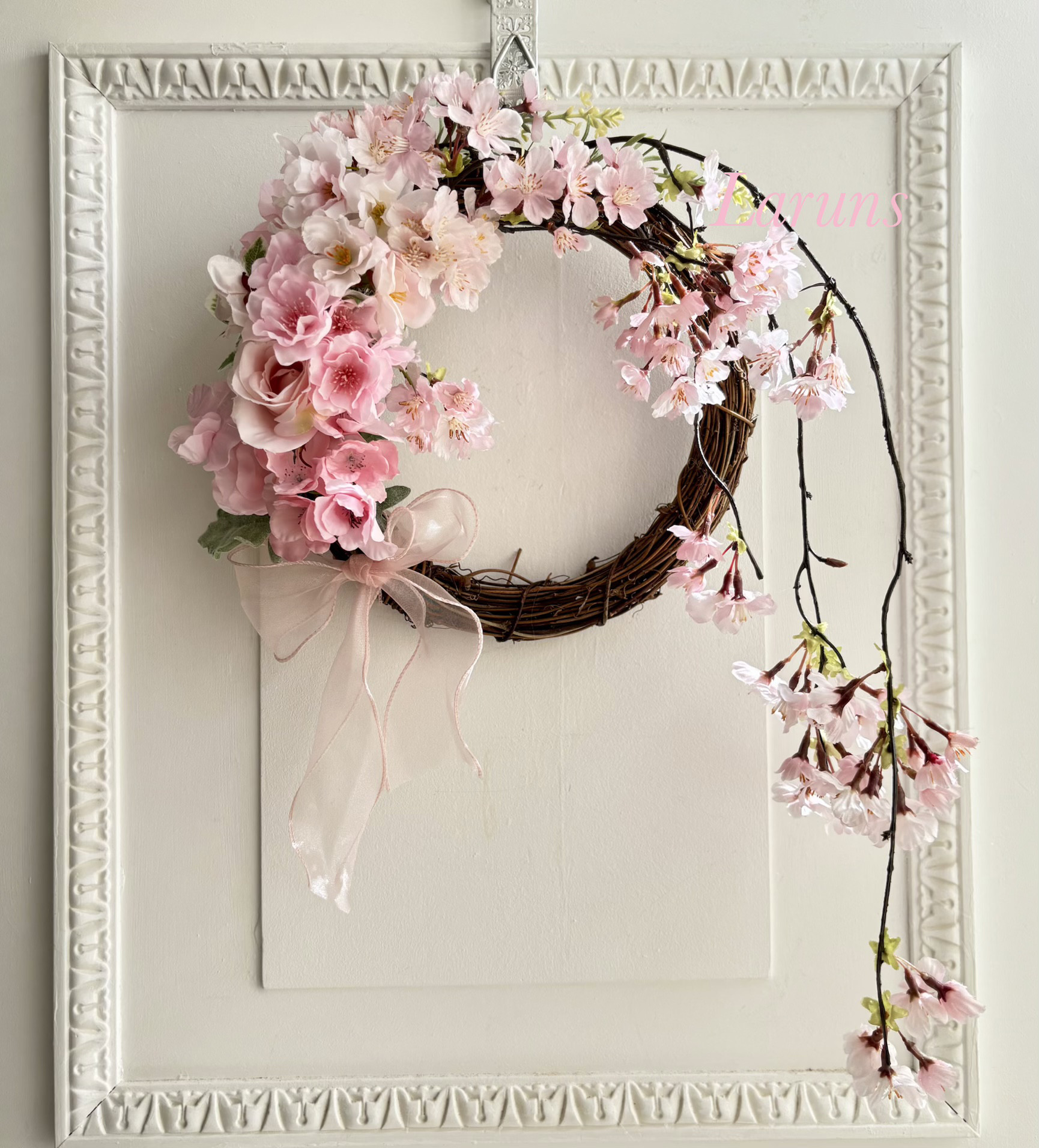 しだれ桜とローズのスプリングフラワーリース　アーティフィシャルフラワー使用　春色新作2026
