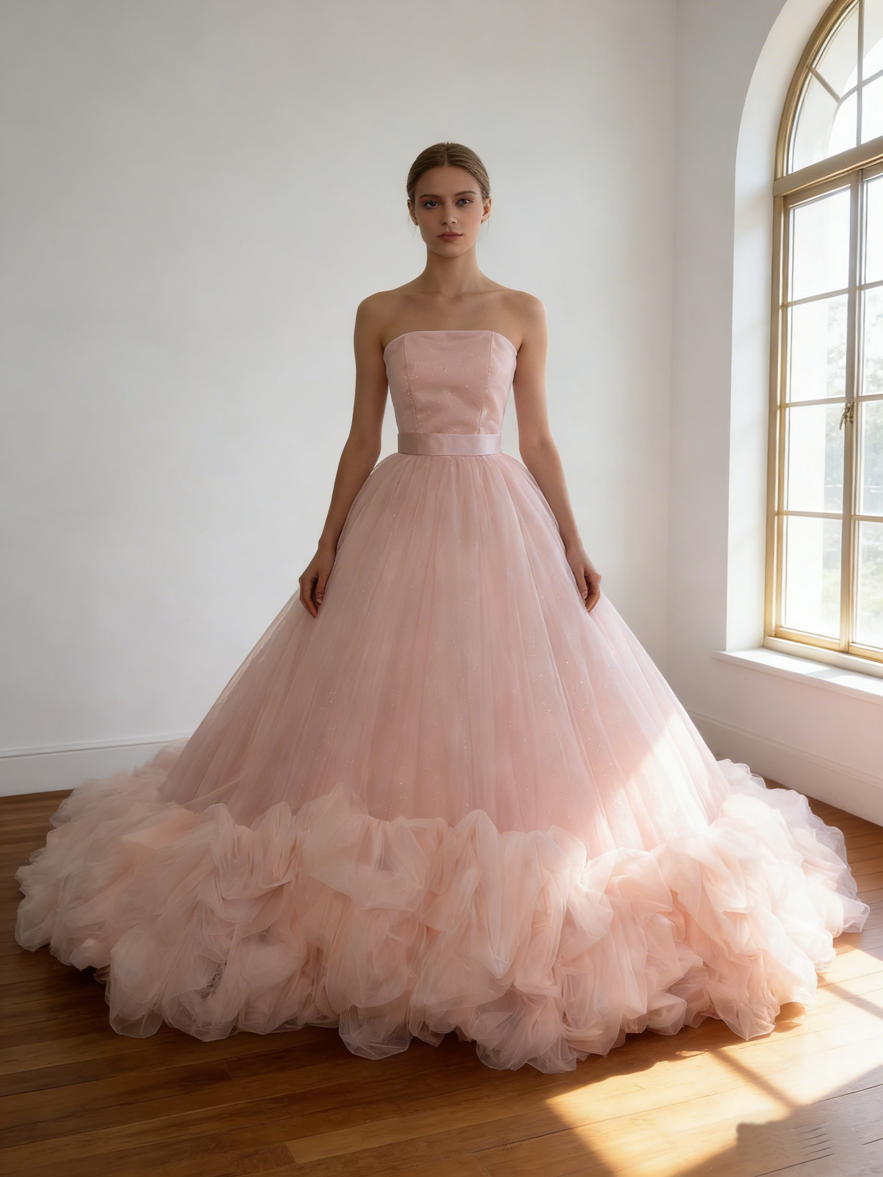 カラードレス ピンク ビスチェドレス  シークインチュール ウェーブ 華やかなトレーン 結婚式