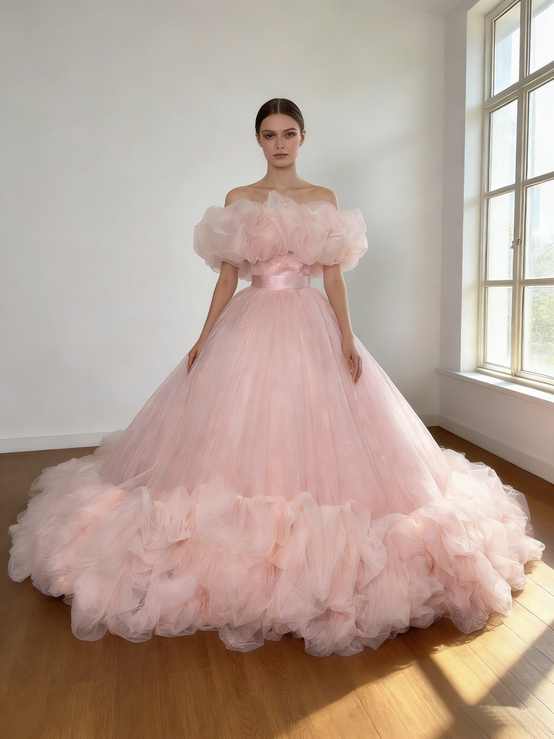 カラードレス ピンク 取り外し可能なオフショルダー  シークインチュール ウェーブ 華やかなトレーン 結婚式