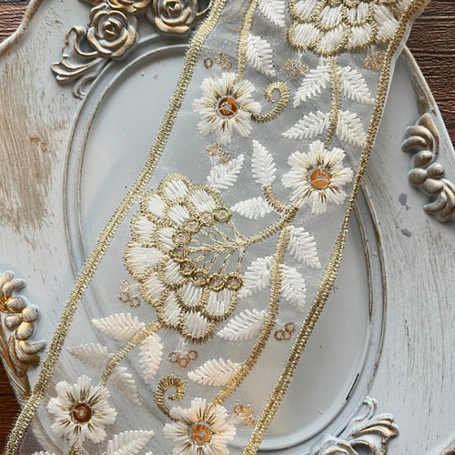 上品刺繍オーガンジーリボン50cm 5m幅 ｜ゴールド花刺繍リボン