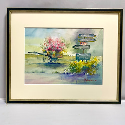 203）原画 水彩画 風景画 フランスの小さな街 絵画 マグリット0125