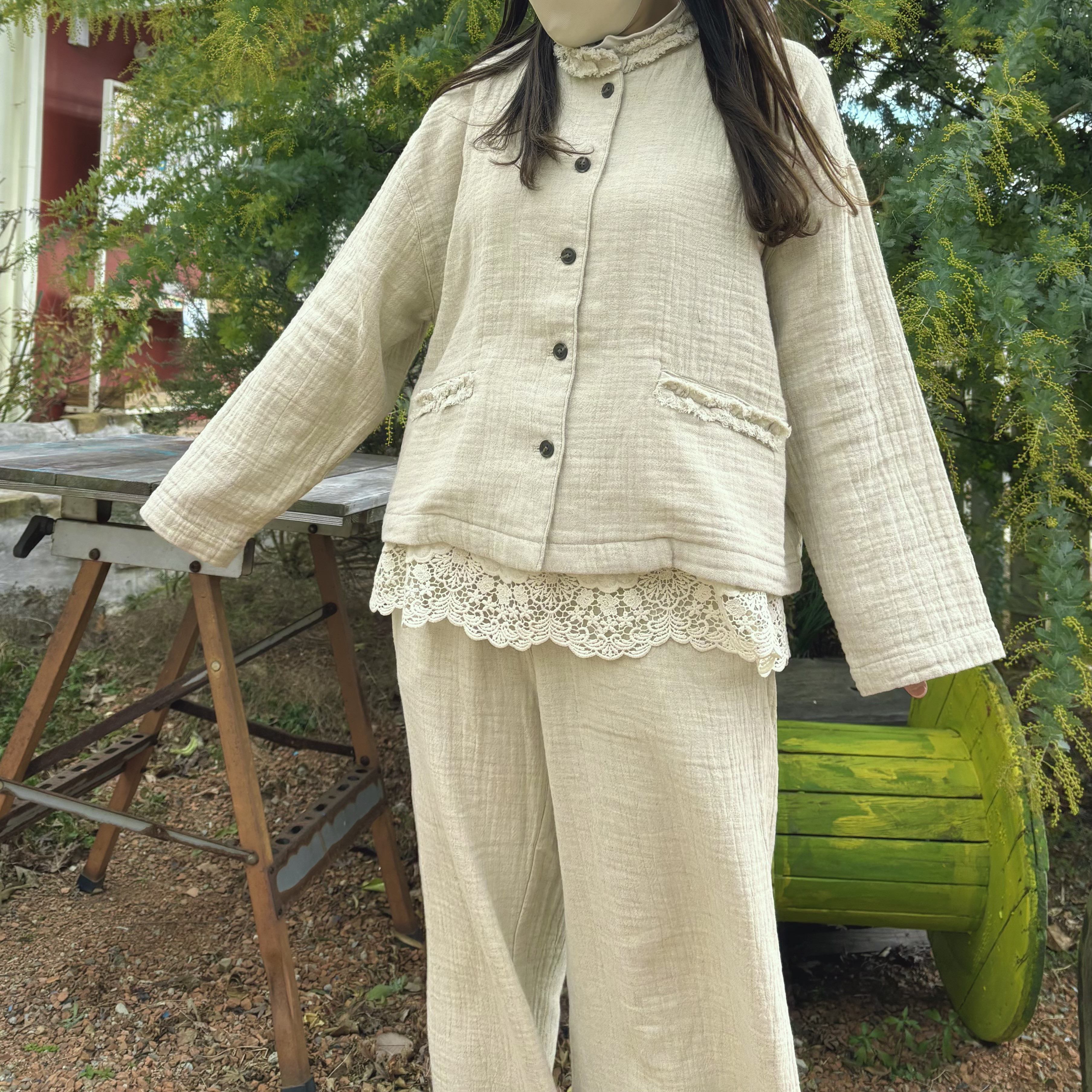 綿麻接結ガーゼフリルジャケット