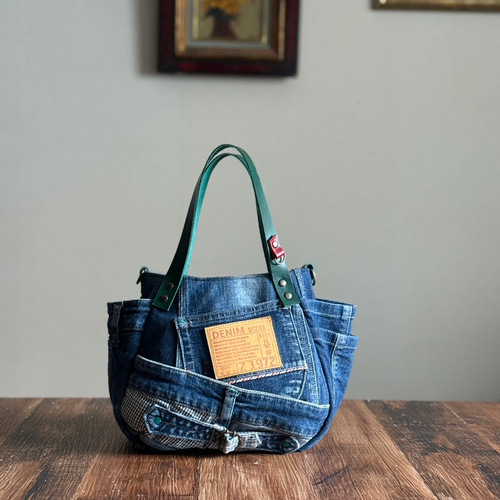 まんまるトートバッグ小サイズ オールデニムリメイク【スマホのおうち