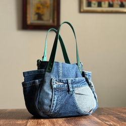 新作♪360度かわいい6面トートバッグ：デニムリメイク×本革持ち手