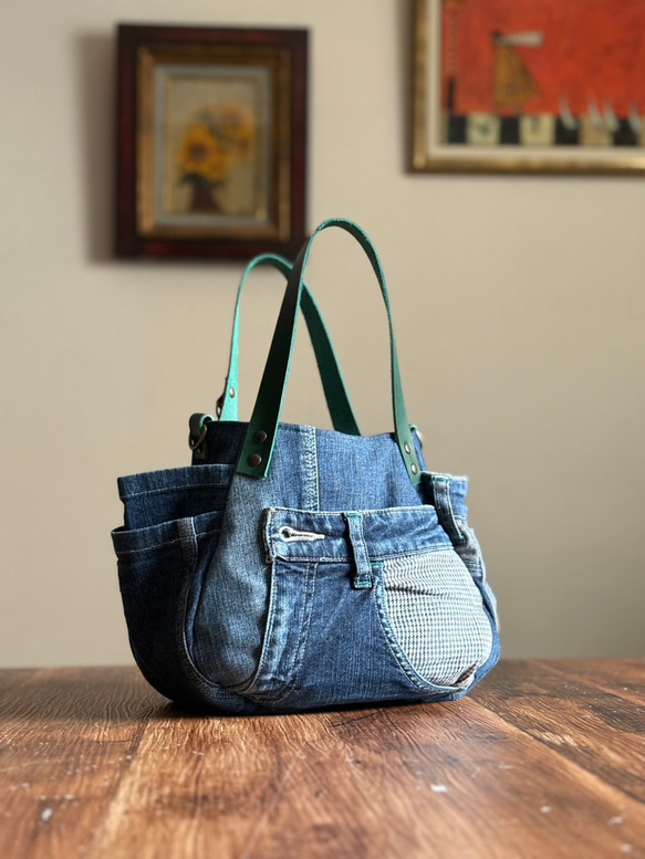 まんまるトートバッグ小サイズ オールデニムリメイク【スマホのおうち
