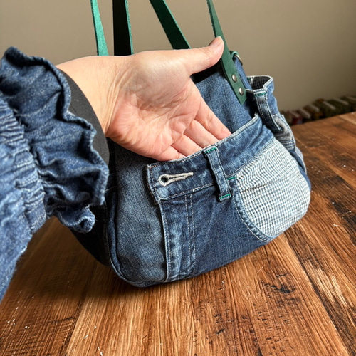 まんまるトートバッグ小サイズ オールデニムリメイク【スマホのおうち