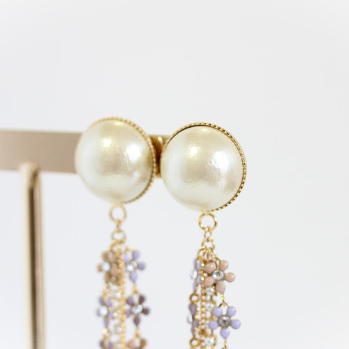 コットンパール＆フラワーチェンデザインピアスorイヤリング(パープル