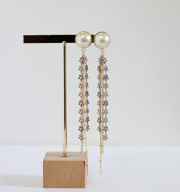 コットンパール＆フラワーチェンデザインピアスorイヤリング(パープル