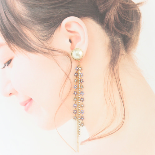 コットンパール＆フラワーチェンデザインピアスorイヤリング(パープル